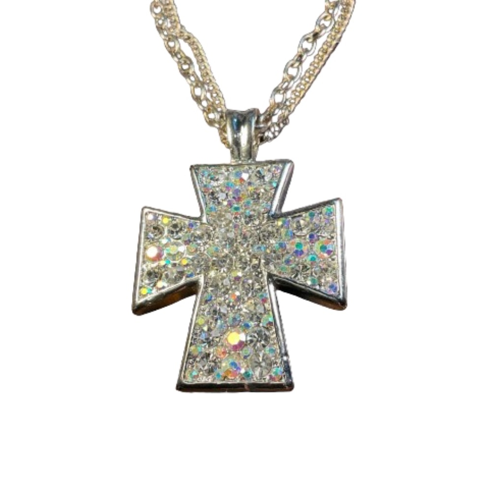 Dazzling Clear AB Rhinestone Cross Necklace with Double Chains